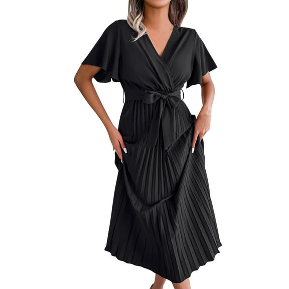 ZZwxWA Women's 2025 Summer Dress Casual Ruffle Wrap Maxi Dress Formal Short Sleeve V Neck Flowy Maxi Dresses Tie Waist Womens Evening Cocktail Party