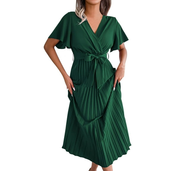 ZZwxWA Women's 2025 Summer Dress Casual Ruffle Wrap Maxi Dress Formal Short Sleeve V Neck Flowy Maxi Dresses Tie Waist Womens Evening Cocktail Party