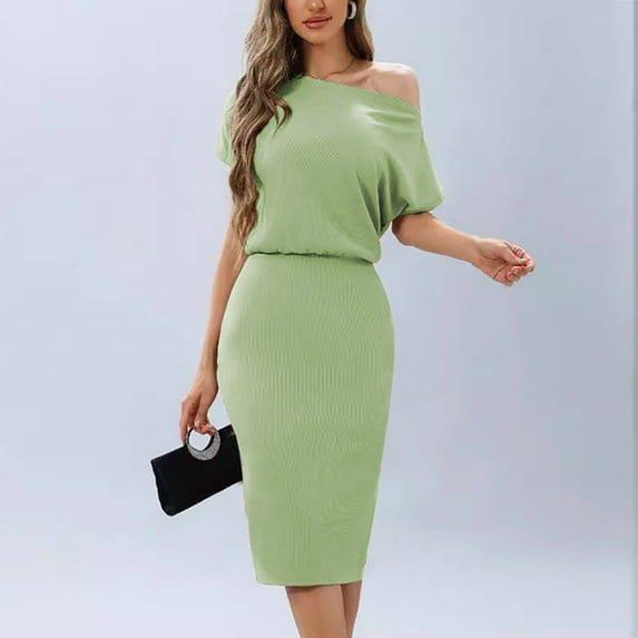 ZZwxWA Women's 2025 Summer Dress Off the Shoulder Short Sleeve Ribbed Casual Party Bodycon Midi Dresses Solid Color High Waist Sundress Evening Cocktail Party