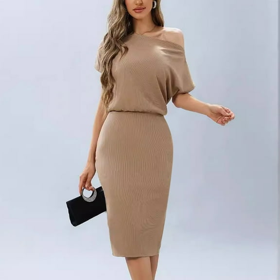 ZZwxWA Women's 2025 Summer Dress Off the Shoulder Short Sleeve Ribbed Casual Party Bodycon Midi Dresses Solid Color High Waist Sundress Evening Cocktail Party