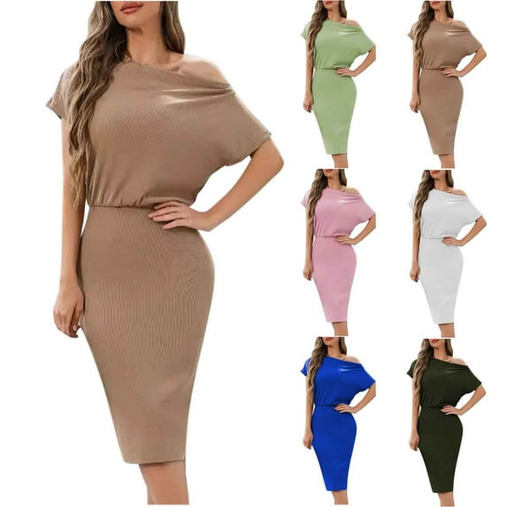 ZZwxWA Women's 2025 Summer Dress Off the Shoulder Short Sleeve Ribbed Casual Party Bodycon Midi Dresses Solid Color High Waist Sundress Evening Cocktail Party