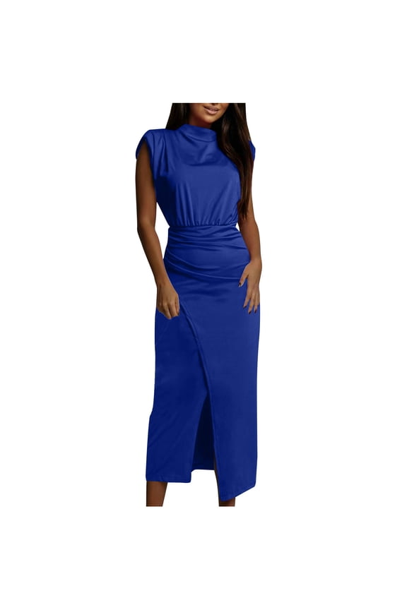 Women's 2025 Summer Mock Neck Casual Bodycon Dress Cap Sleeve Elegant Cocktail Party Long Midi Dresses