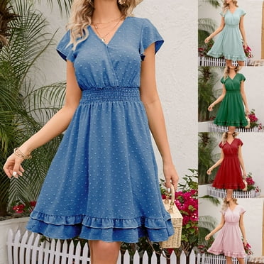 ZZwxWA Women's 2025 Summer Wrap Mini Dress High Waist Casual Swiss Dot Flowy Ruffle Sundress Short Sleeve V Neck Swing Short Dress