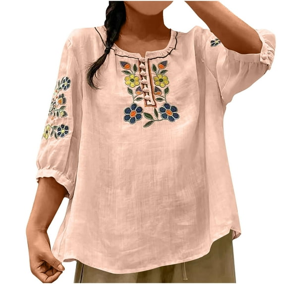 ZZwxWA Women's 3/4 Sleeve Linen Shirts Lace Embroidery Tops Petite Length Summer Spring Elegant Casual Trendy Blouse