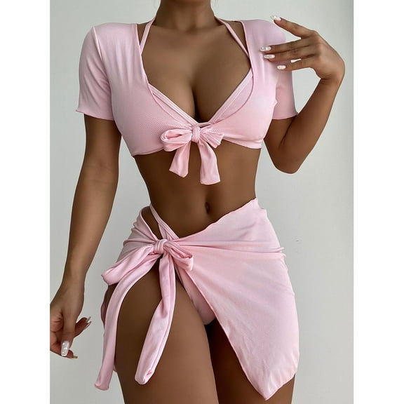 ZZwxWA Women's 4 Piece Swimsuit Tie Knot Halter Swimwear Bikini Top with Cover Up Set Womens Summer Bathsuit Solid Color Beachwear