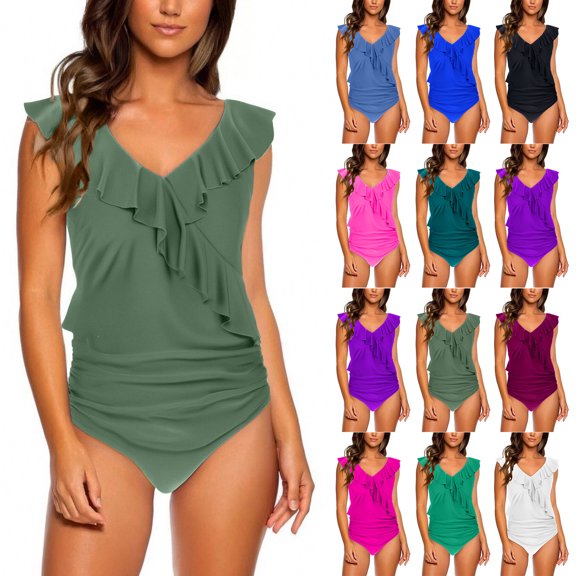 ZZwxWA Women's Belly Control Swimsuits Slimming Cute One Piece Bathing Suit Ruffle V Neck Swimwear