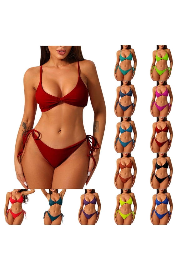 Women's Bikini Set Sexy Two Piece Swimsuit Twist Front Push Up Spaghetti Straps Bra and High Cut Thong Bathing Suit