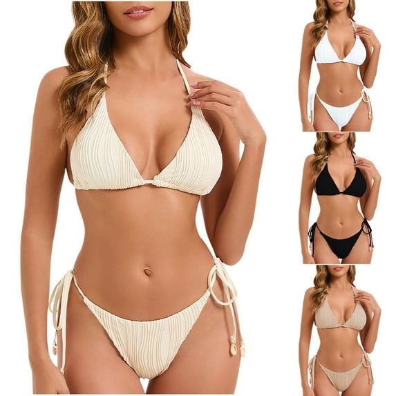 ZZwxWA Women's Bikini Set - Two Piece Ribbed Halter Bikini Top with Bottom Swimwear Tie Side Textured Womens Summer Swimsuit