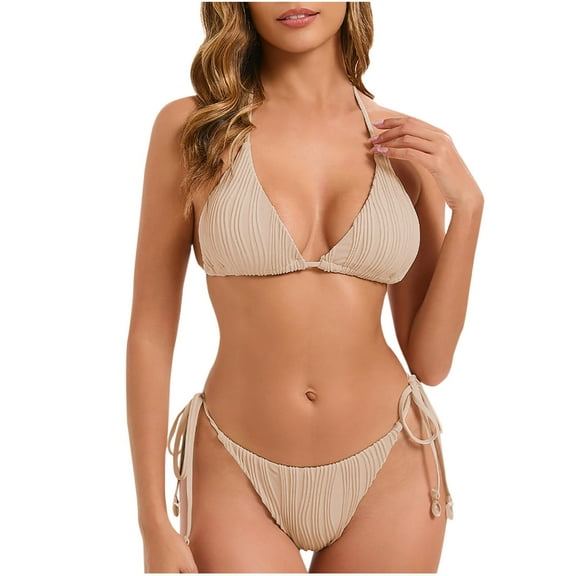 ZZwxWA Women's Bikini Set - Two Piece Ribbed Halter Bikini Top with Bottom Swimwear Tie Side Textured Womens Summer Swimsuit