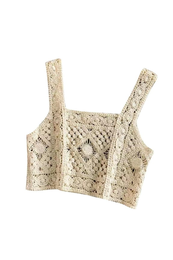 Women's Boho Crochet Cropped Tank Top Camisole Beachwear Women Crochet Sleeveless Crop, Ethnic Hollow-Out Knit Plaid Sweater Cami Vest Neck Waist Lavender