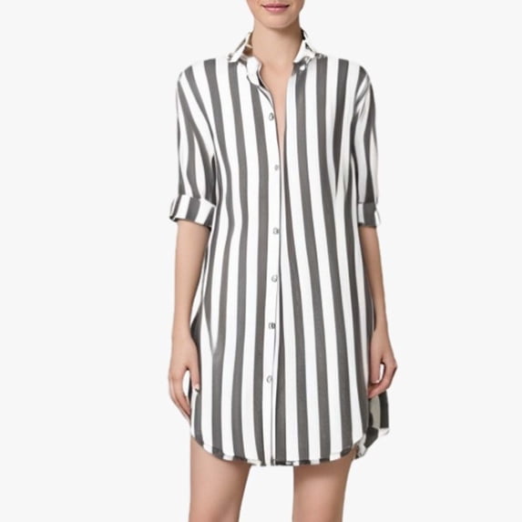 ZZwxWA Women's Button Down Shirt Dress Oversize Collared Long Sleeve Stripes Linen Tunic Dresses Blouse