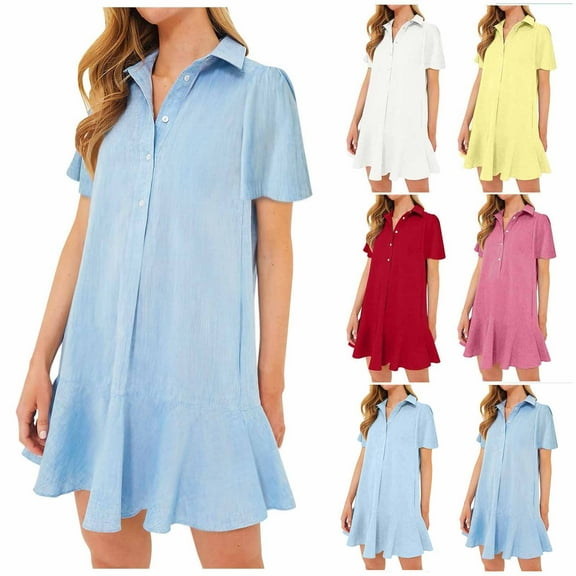 ZZwxWA Women's Button Down Shirt Dress Summer Casual Short Sleeve Cotton Linen Ruffle Shift Mini Dresses Solid Color Womens Sundress