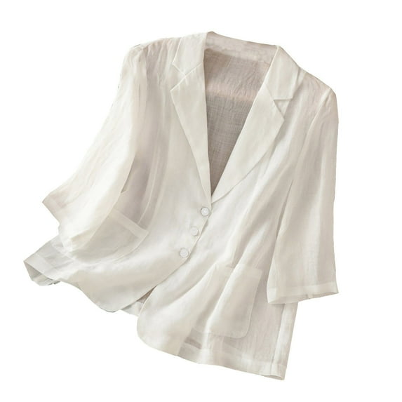 ZZwxWA Women's Casual Blazer Summer 3/4 Length Sleeve Solid Color Lightweight Cardigan Loose Fit Lapel Collar Suit Jackets