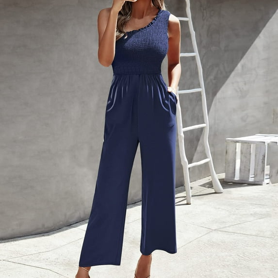 ZZwxWA Women's Casual Jumpsuits Dressy One Shoulder Overalls Wide Leg Long Rompers Womens High Waist Loose Jumpers with Pockets