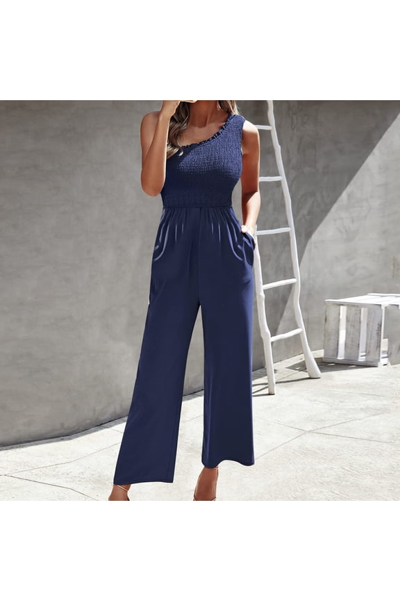 Women's Casual Jumpsuits Dressy One Shoulder Overalls Wide Leg Long Rompers Womens High Waist Loose Jumpers with Pockets