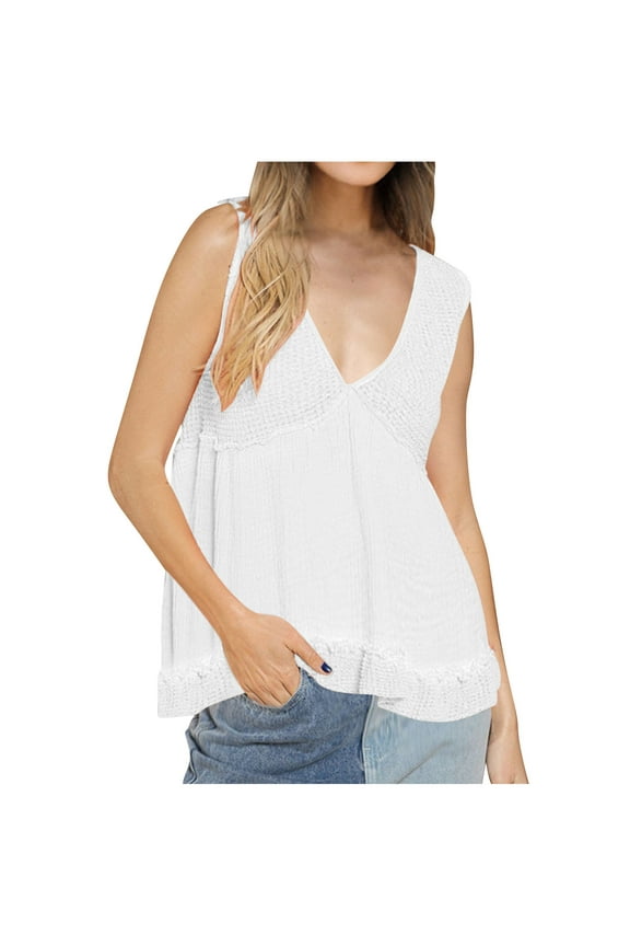 Women's Casual V Neck Peplum Tops Sleeveless Ruffle Hem Babydoll Tank Top Peplum Tee Shirts Cotton Tops Womens Loose Summer Camisole Vest Online Shopping