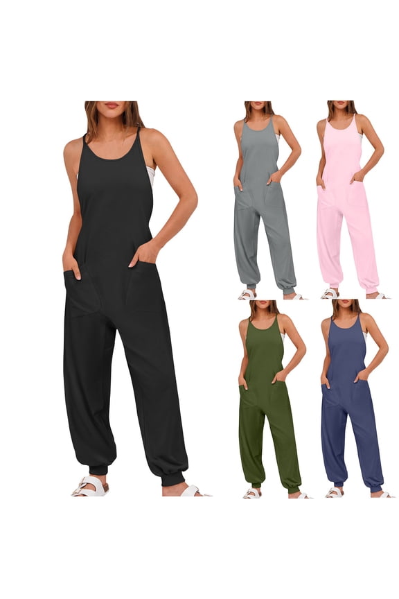 Women's Causal Sleeveless Jumpsuits Summer Neck Harem Overalls Stretchy Adjustable Strap Romper with Pocket