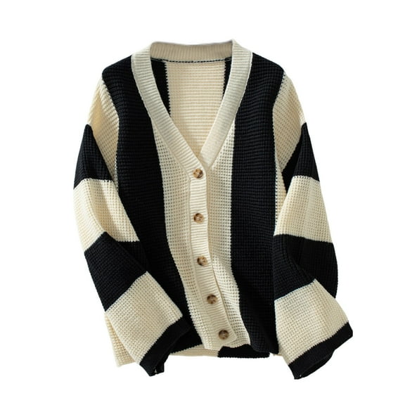 ZZwxWA Women's Colorblock Drop Shoulder Button Front Bell Sleeve Knitted Cardigan Sweater