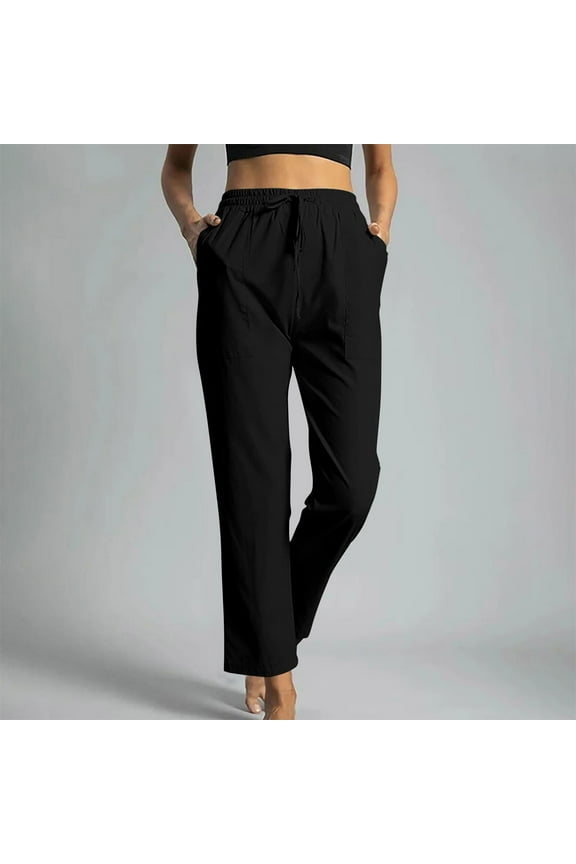 Women's Cotton Drawstring Pants Elastic Waist Solid Color Casual Loose Straight Pants with Pockets Wide Leg