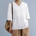 thumbnail image 1 of ZZwxWA Women's Cotton Linen Embroidery Tunic 3/4 Lantern Sleeve Blouses Casual Shirt Tops, 1 of 4