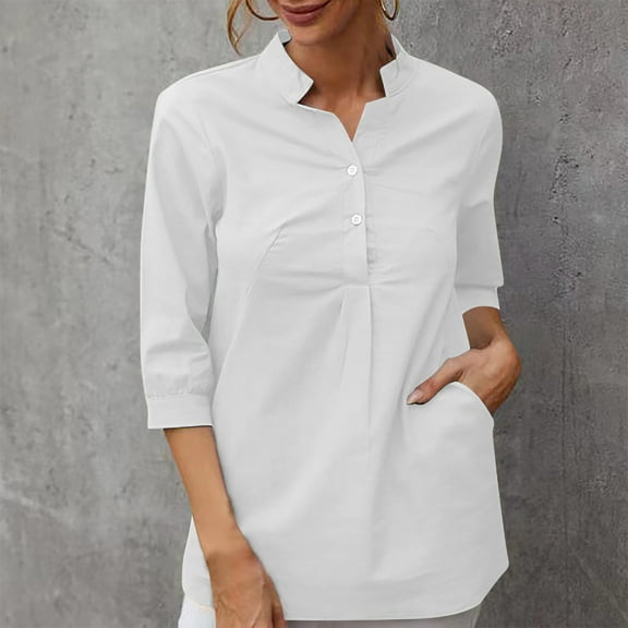 ZZwxWA Women's Cotton Linen Long Sleeve Button Shirts Casual Loose Fit V Neck Solid Blouse Tops