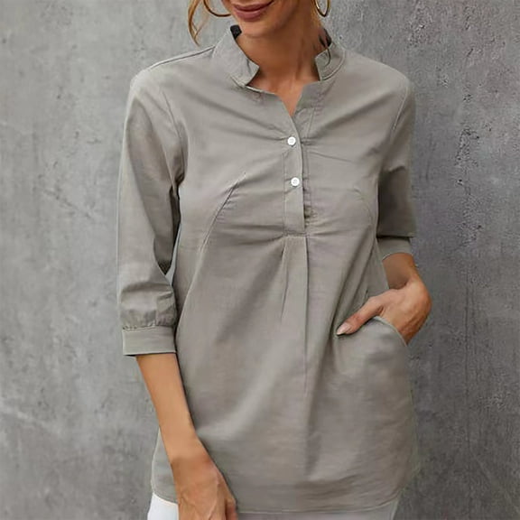 ZZwxWA Women's Cotton Linen Long Sleeve Button Shirts Casual Loose Fit V Neck Solid Blouse Tops