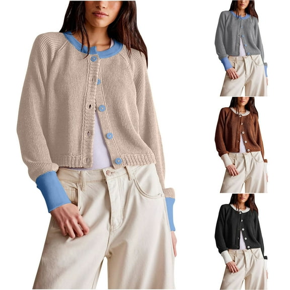 ZZwxWA Women's Cropped Contrast Cardigan Sweaters Back Patchwork Button Down Long Sleeve Knitted Outerwear