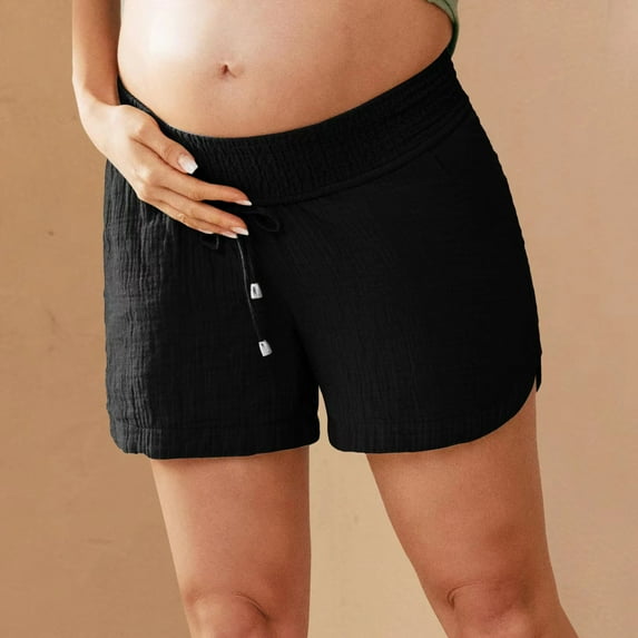 ZZwxWA Women's Double Layered Pleats Maternity Shorts Underbelly Drawstring Elastic Waist Retro Cotton Shorts with Pocket Solid Color