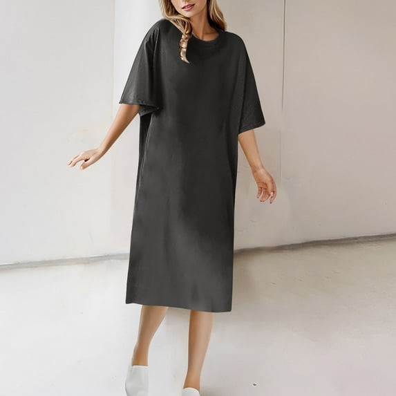 ZZwxWA Women's Dress Casual Loose Solid Color Short Sleeve Crew Neck T-Shirt Dress Classic Plus Size Womens Summer Dresses