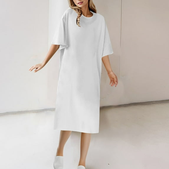 ZZwxWA Women's Dress Casual Loose Solid Color Short Sleeve Crew Neck T-Shirt Dress Classic Plus Size Womens Summer Dresses