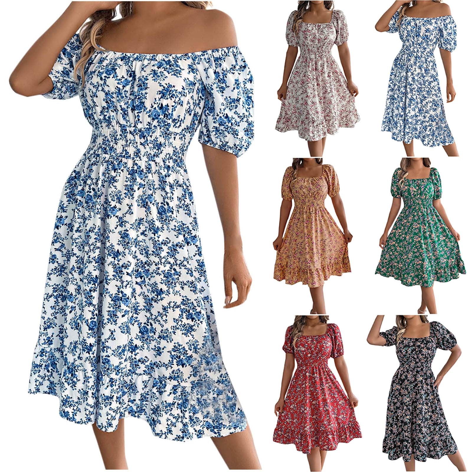 Smocked Printed Square Neck Puff Sleeve Dress
