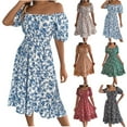 thumbnail image 1 of ZZwxWA Women's Dresses Floral Print Square Neck Puff Sleeve Ruffle Hem Loose Smock Midi Dress One-line Neck High Waist Womens Summer Sundress, 1 of 4
