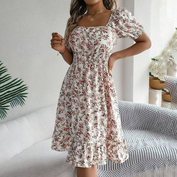 ZZwxWA Women's Dresses Floral Print Square Neck Puff Sleeve Ruffle Hem Loose Smock Midi Dress One-line Neck High Waist Womens Summer Sundress
