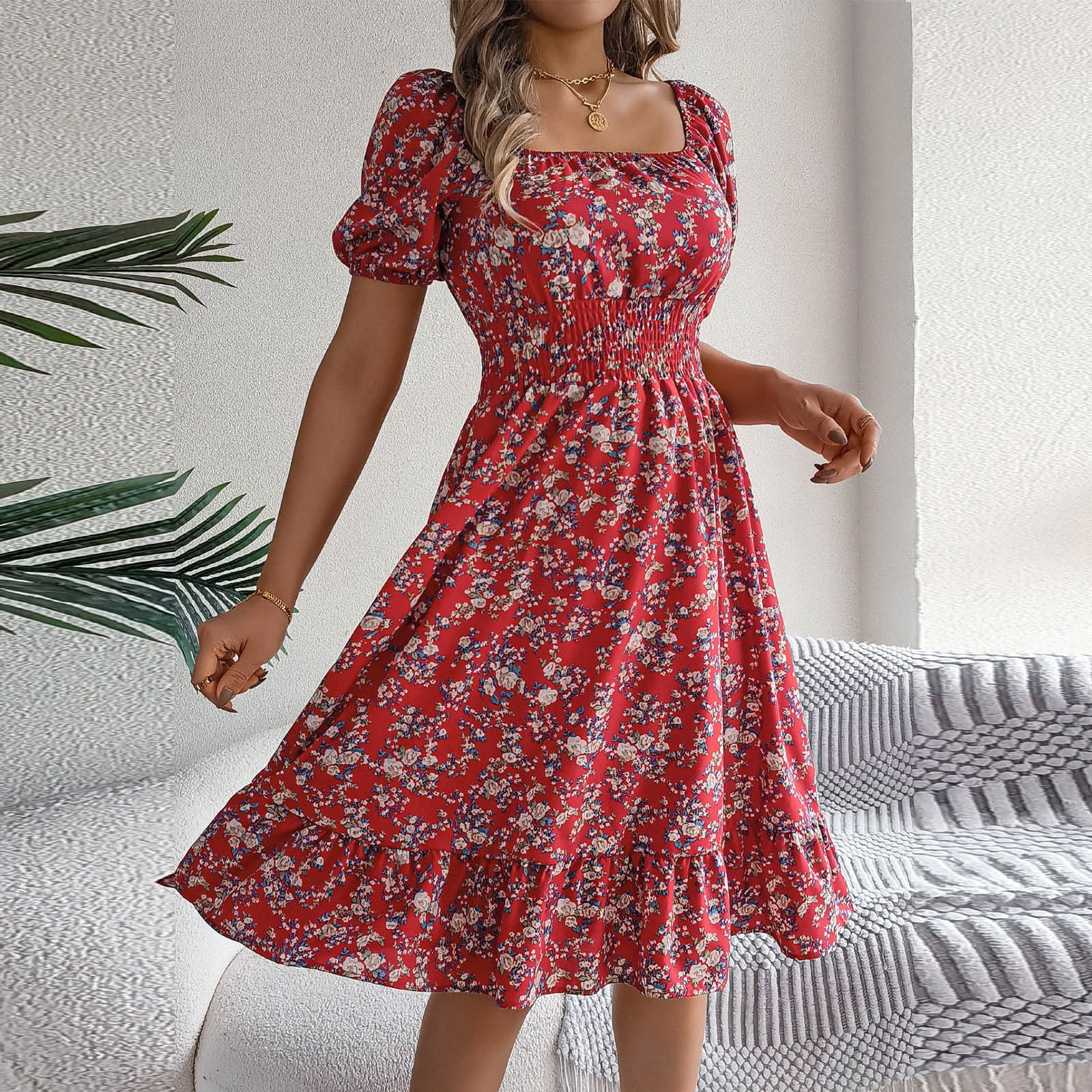 Summer ladies elastic square neck short sleeve printed ruffle short dress