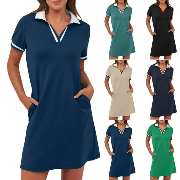 ZZwxWA Women's Dresses Short Sleeve V Neck 2025 Casual Summer Tennis Golf Mini Shirt Dress with Pockets