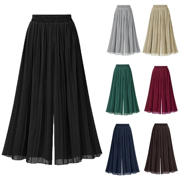 ZZwxWA Women's Elastic Waist A-Line Pleated Chiffon Cropped Wide Leg Pants Culottes Pleated Flowy Wide Leg Pants