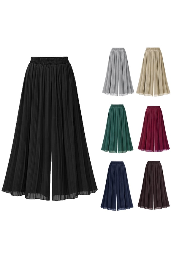 Women's Elastic Waist A-Line Pleated Chiffon Cropped Wide Leg Pants Culottes Pleated Flowy Wide Leg Pants