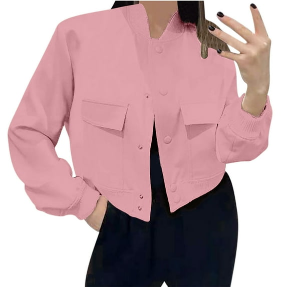 ZZwxWA Women's Fall Varsity Bomber Jackets Long Sleeve Cropped Button Down Casual Coat with Pockets Fashion Outerwear