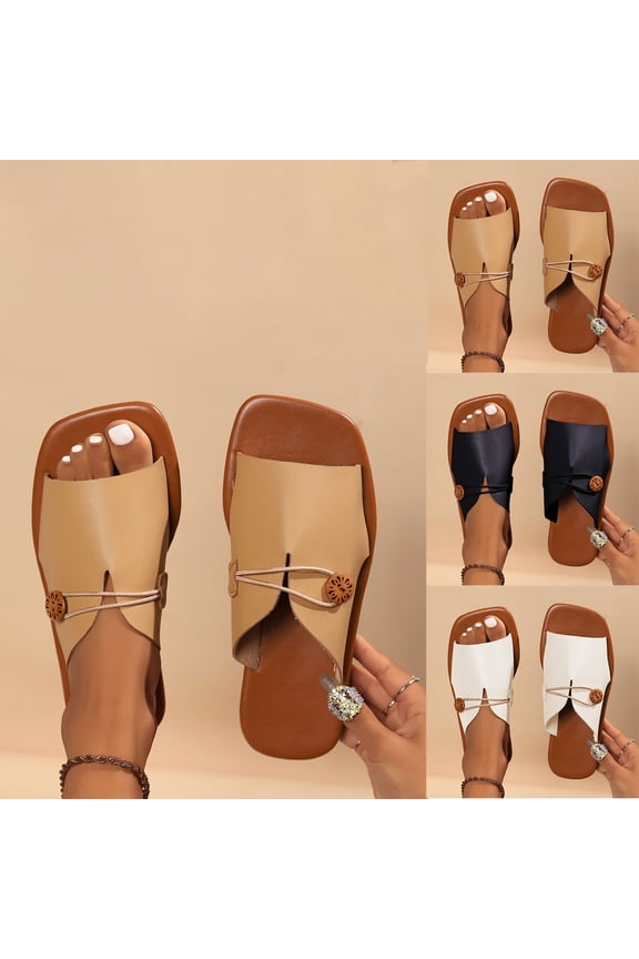 Women's Fashionable Summer New Toe V-Neck Flat Outer Wear One-Line Button Strap Beach Sandals