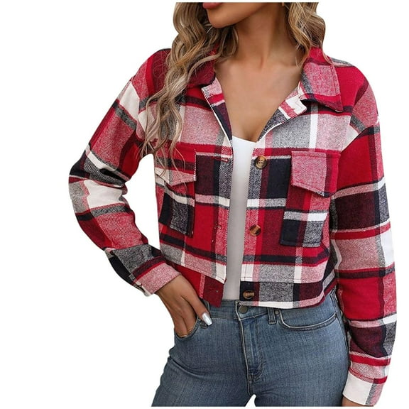 ZZwxWA Women's Flannel Plaid Cropped Shacket Jacket Lapel Button Down Fall Fashion 2025 Woolen Coats Outerwear Casual Jackets