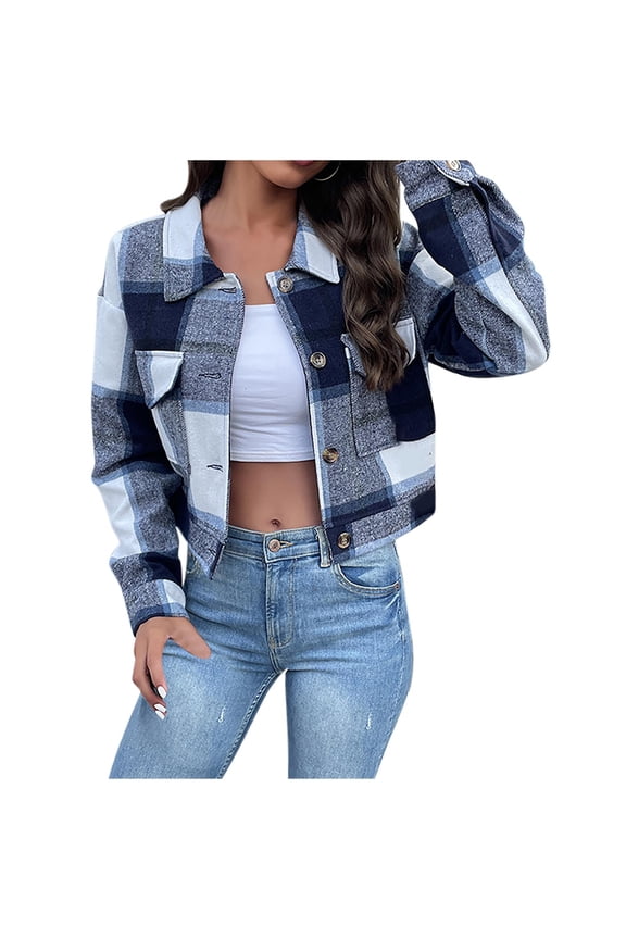 Women's Flannel Plaid Cropped Shacket Jacket Lapel Button Down Fall Fashion 2025 Woolen Coats Outerwear Casual Jackets