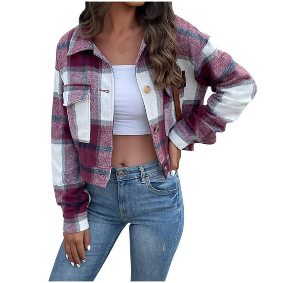 ZZwxWA Women's Flannel Plaid Cropped Shacket Jacket Lapel Button Down Fall Fashion 2025 Woolen Coats Outerwear Casual Jackets
