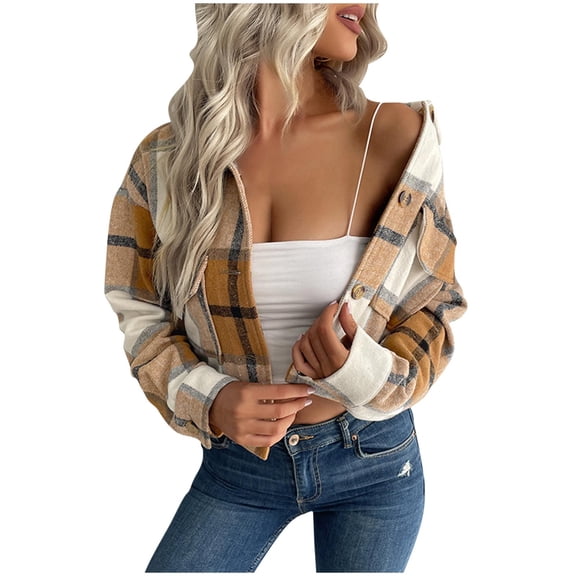 ZZwxWA Women's Flannel Plaid Cropped Shacket Jacket Lapel Button Down Fall Fashion 2025 Woolen Coats Outerwear Casual Jackets