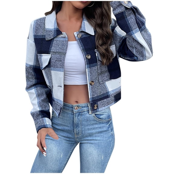 ZZwxWA Women's Flannel Plaid Cropped Shacket Jacket Lapel Button Down Fall Fashion 2025 Woolen Coats Outerwear Casual Jackets