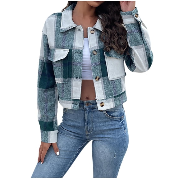 ZZwxWA Women's Flannel Plaid Cropped Shacket Jacket Lapel Button Down Fall Fashion 2025 Woolen Coats Outerwear Casual Jackets