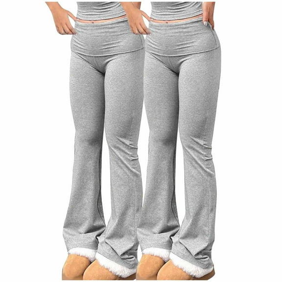 ZZwxWA Women's Flare Leggings Belly Control Fold Over Yoga Pants Buttery Soft Mid Rise Comfy Lounge Pants Stretch Trousers 2 Pack