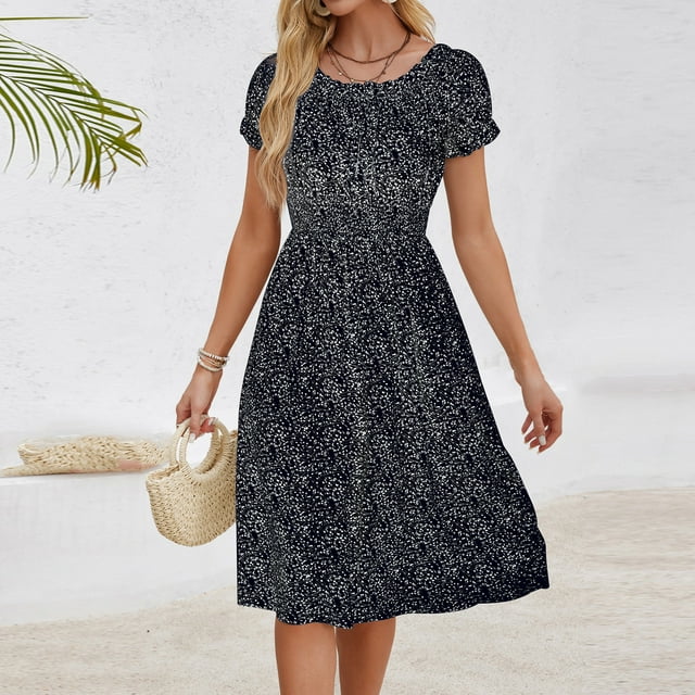 ZZwxWA Women's Floral Midi Dresses Ruffle Short Sleeve Sundress Smocked High Waist Flowy Boho A Line Babydoll Dress