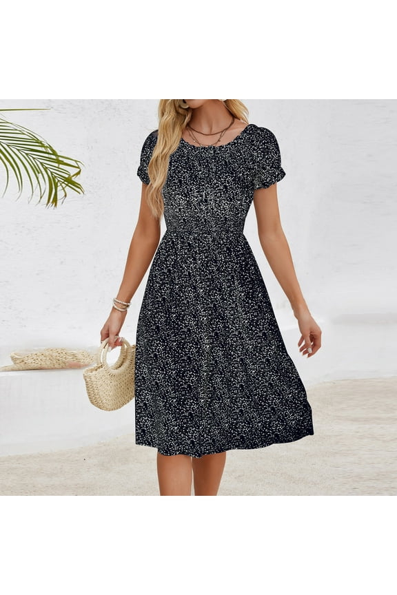 Women's Floral Midi Dresses Ruffle Short Sleeve Sundress Smocked High Waist Flowy Boho A Line Babydoll Dress