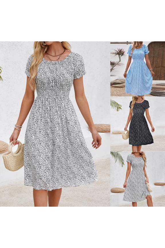 Women's Floral Midi Dresses Ruffle Short Sleeve Sundress Smocked High Waist Flowy Boho A Line Babydoll Dress