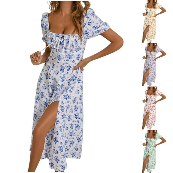 ZZwxWA Women's Floral Summer Casual Dress Square Neck Puff Sleeve Boho Midi Dresses Ruched Bust High Waist Split Long Dress
